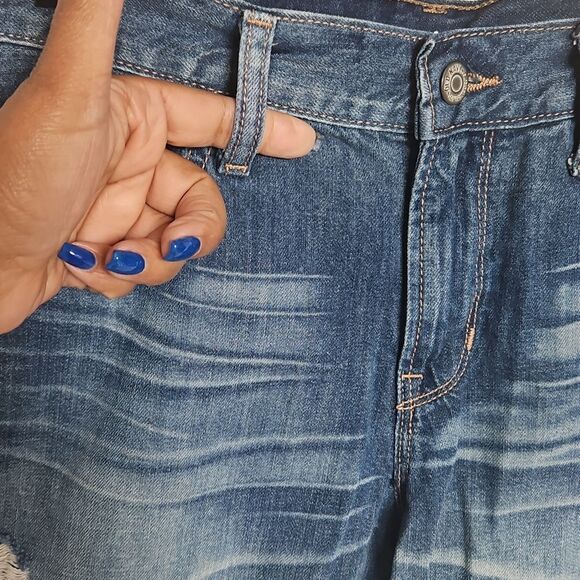 Blue Distressed Denim Boyfriend Shorts - Picture 13 of 16